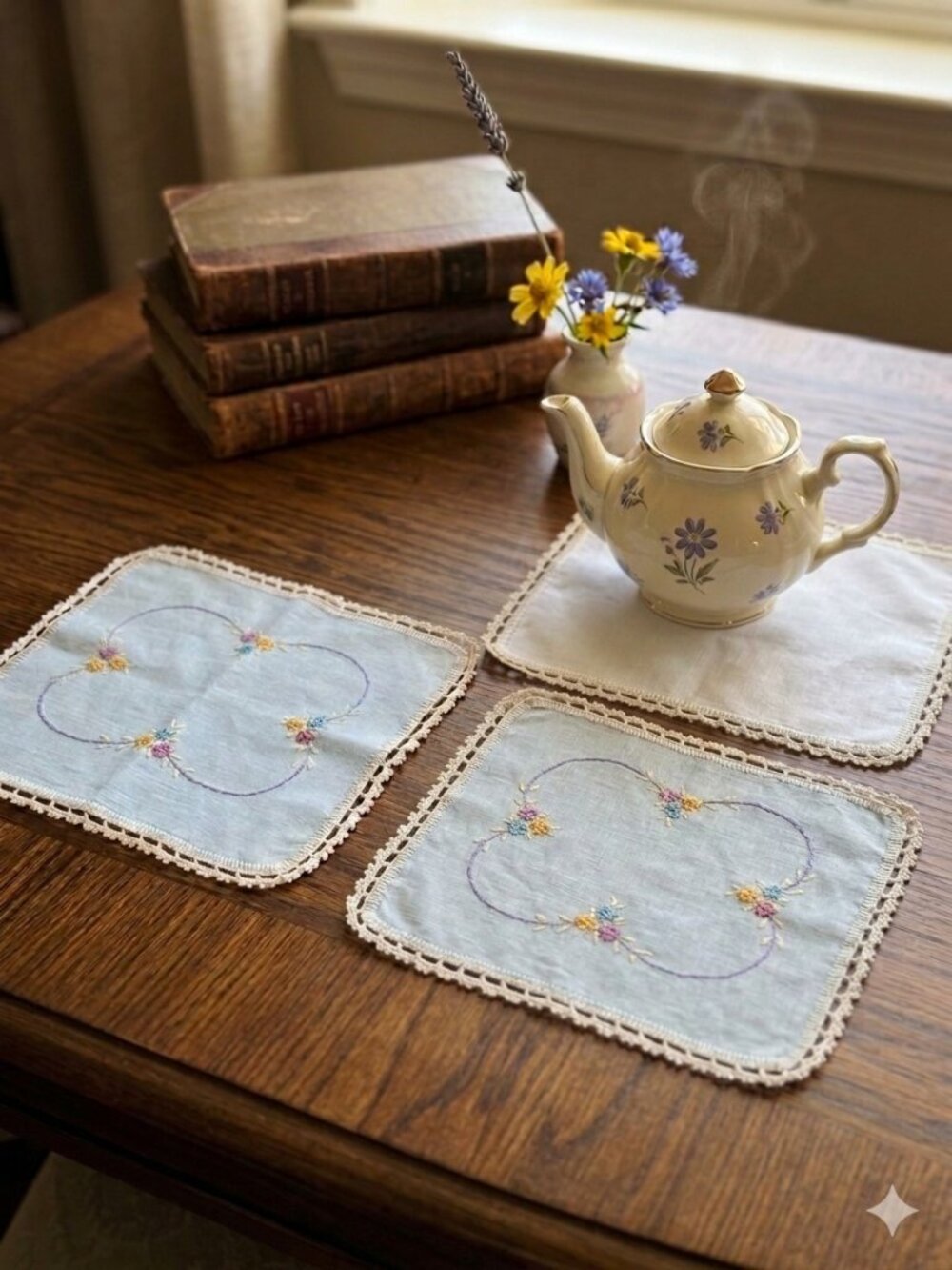 Vintage Pair Pale Blue Embroidered Doily Set (2)